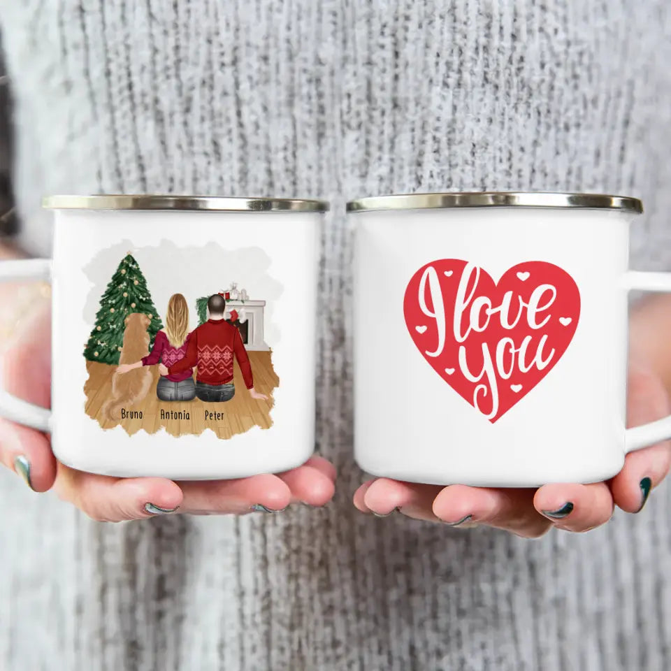 Personalisierte Tasse mit Pärchen und 1 Hund - Weihnachtstasse