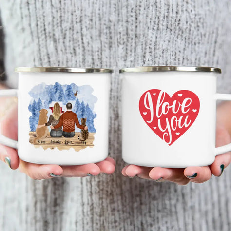 Personalisierte Tasse mit Pärchen und 1 Hund und 1 Katze - Weihnachtstasse