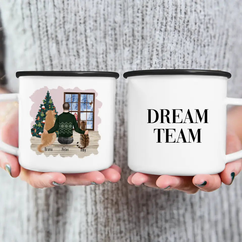 Personalisierte Tasse mit Hund, Katze und Mann (1 Hund + 1 Katze + 1 Mann) - Weihnachtstasse