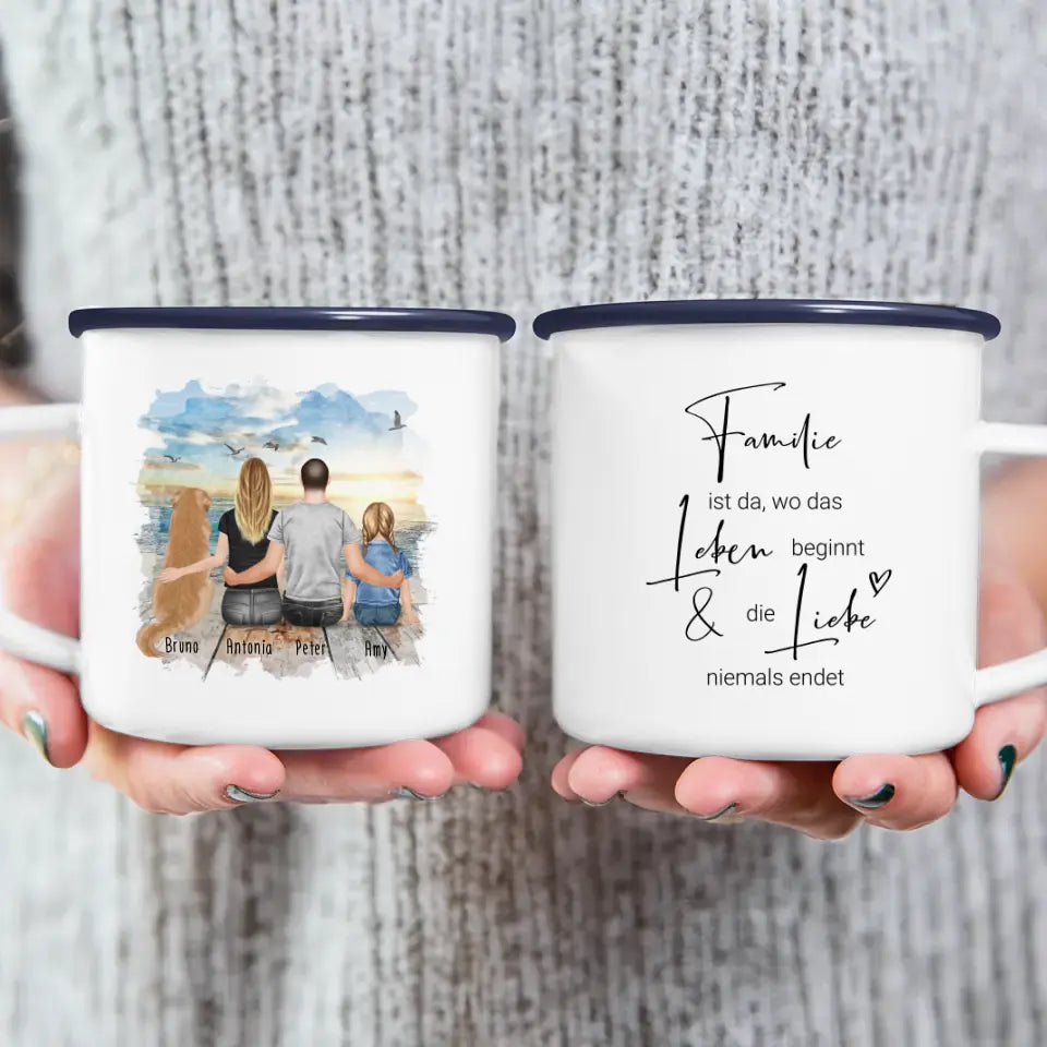 Personalisierte Tasse mit Familie + 1 Hund (1 Kind)