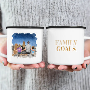 Personalisierte Tasse mit Familie + 1 Hund (1 Baby + 1 Kind)