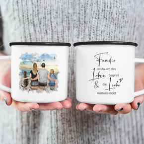 Personalisierte Tasse mit Familie + 1 Katze (1 Kind)