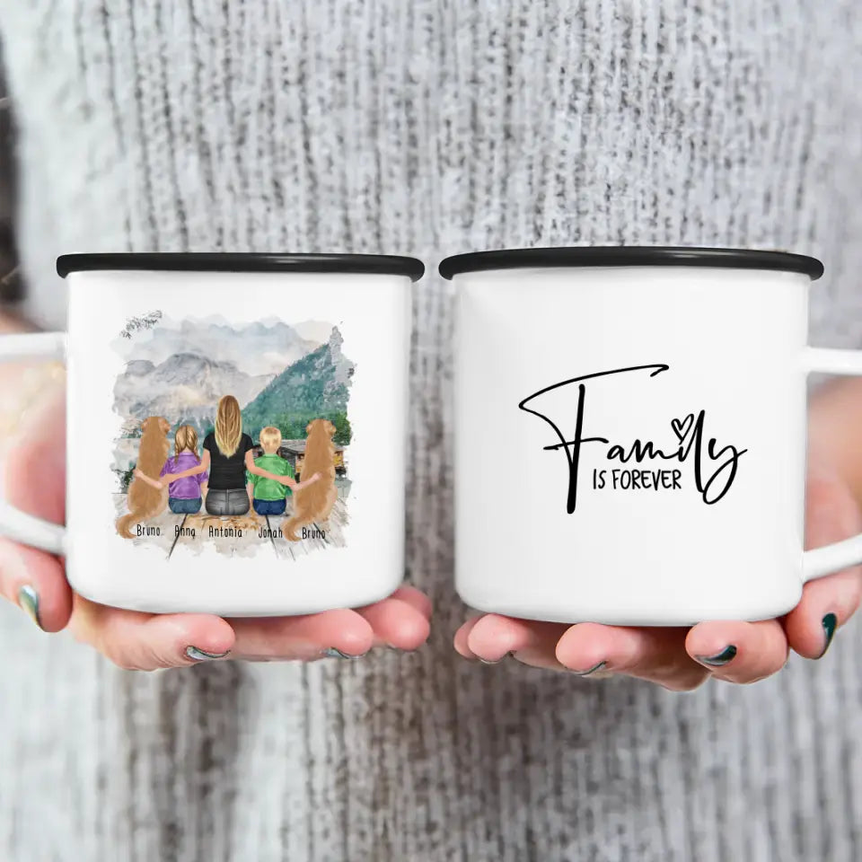 Personalisierte Tasse mit 1 Frau + 2 Kindern + 2 Hunden