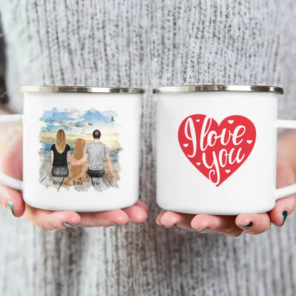 Personalisierte Tasse mit Pärchen und 1 Hund (Hund in der Mitte)