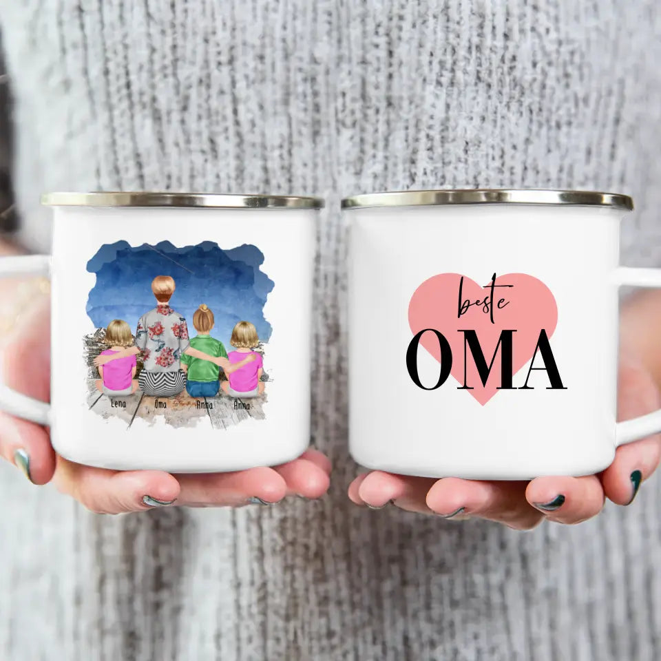 Personalisierte Tasse für Oma (2 Babys + 1 Kind + 1 Oma)