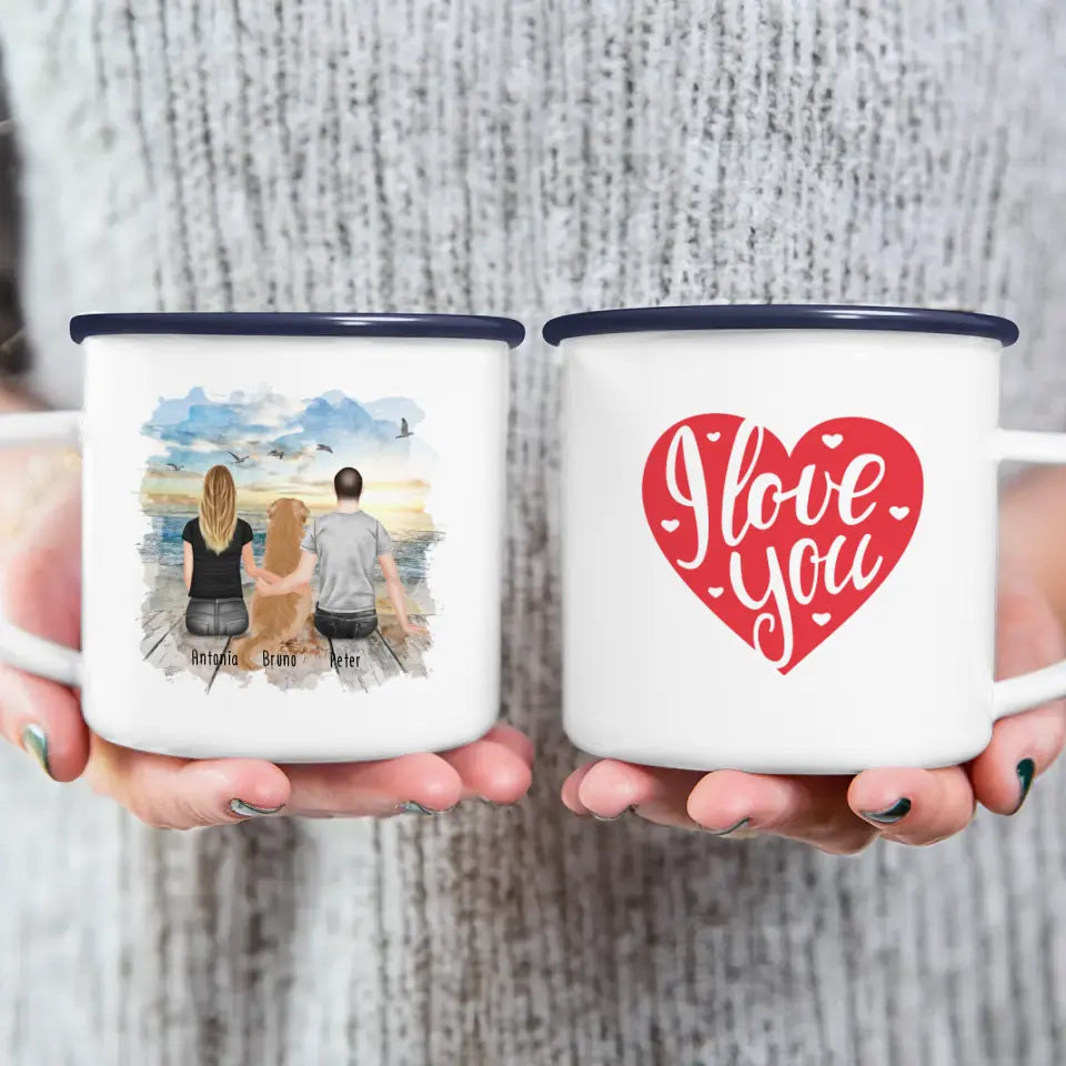 Personalisierte Tasse mit Pärchen und 1 Hund (Hund in der Mitte)