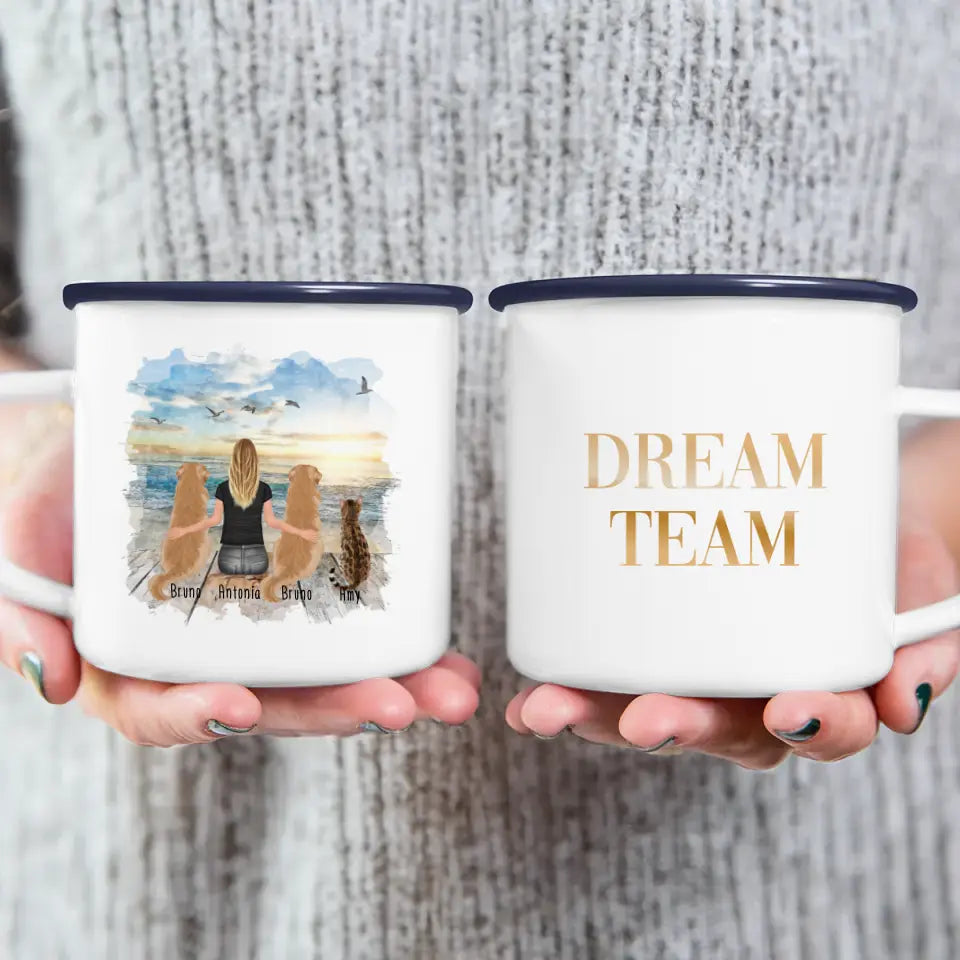 Personalisierte Tasse 1 Frau + 2 Hunde + 1 Katze