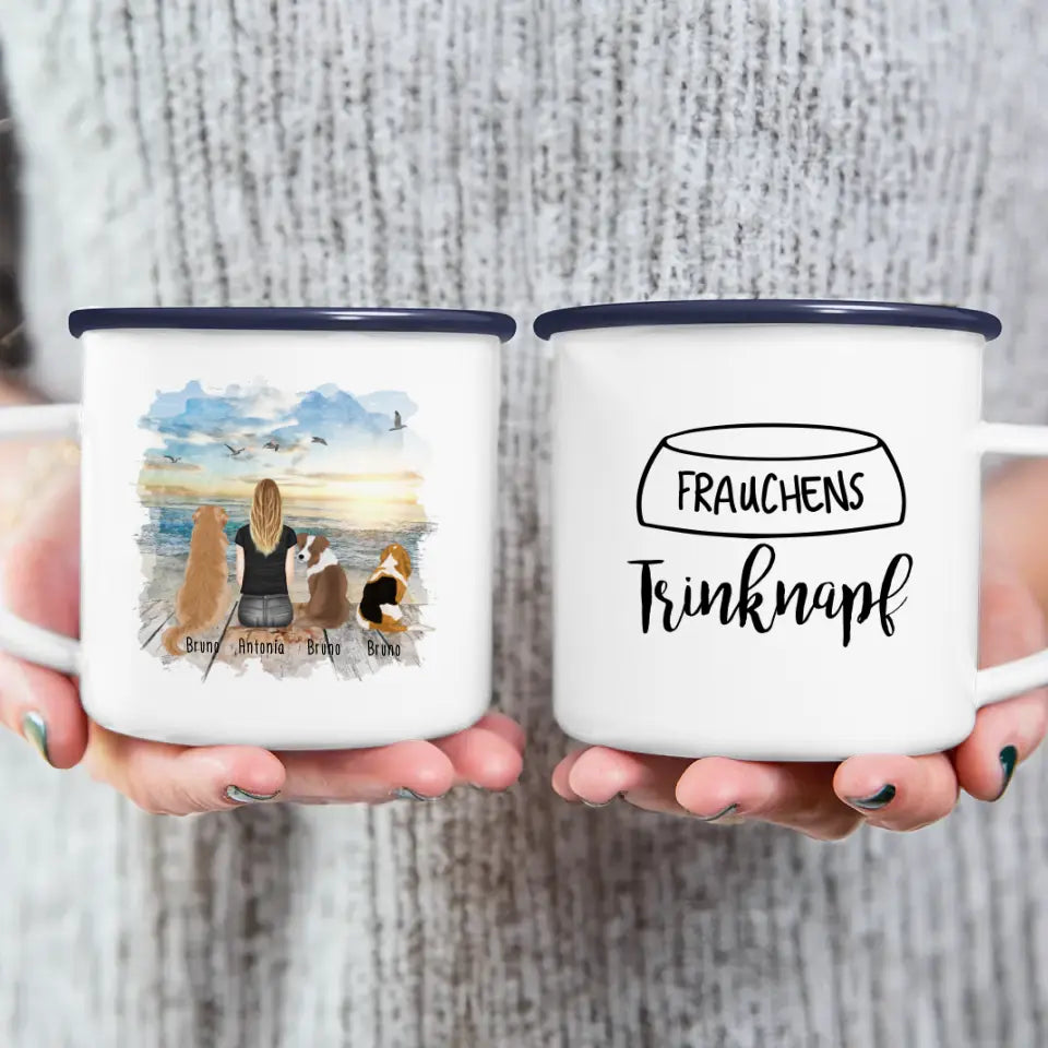 Personalisierte Tasse 1 Frau + 3 Hunde