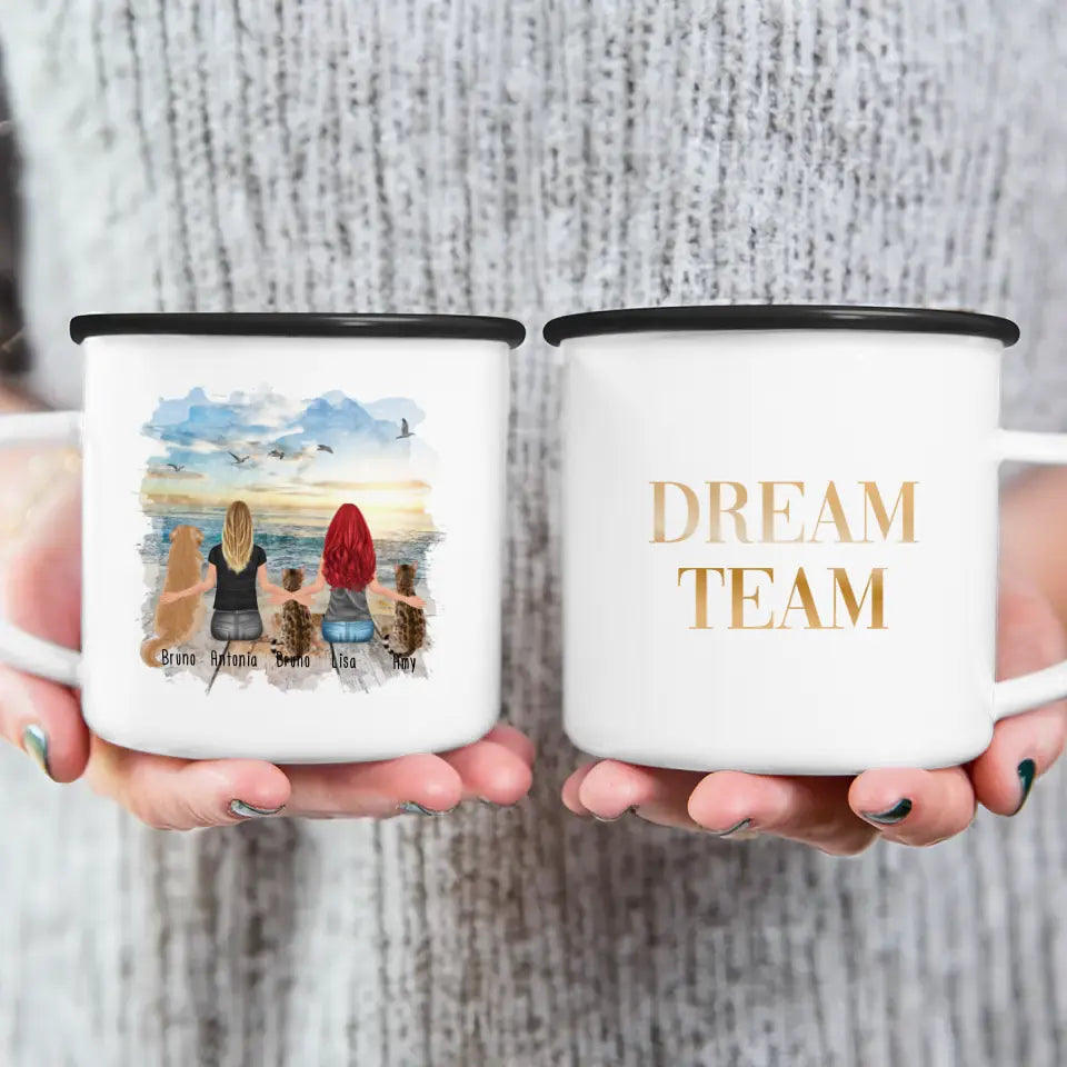 Personalisierte Tasse 2 Frauen + 1 Hund + 2 Katzen