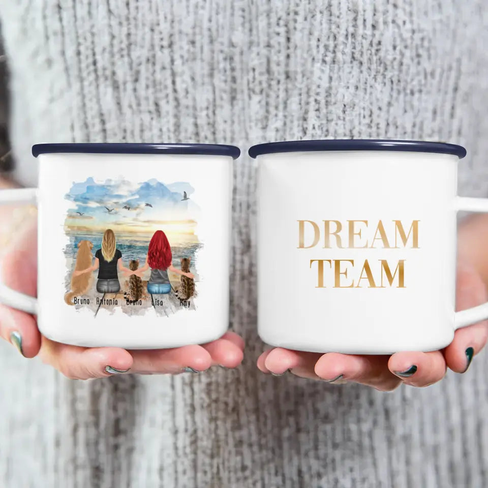 Personalisierte Tasse 2 Frauen + 1 Hund + 2 Katzen