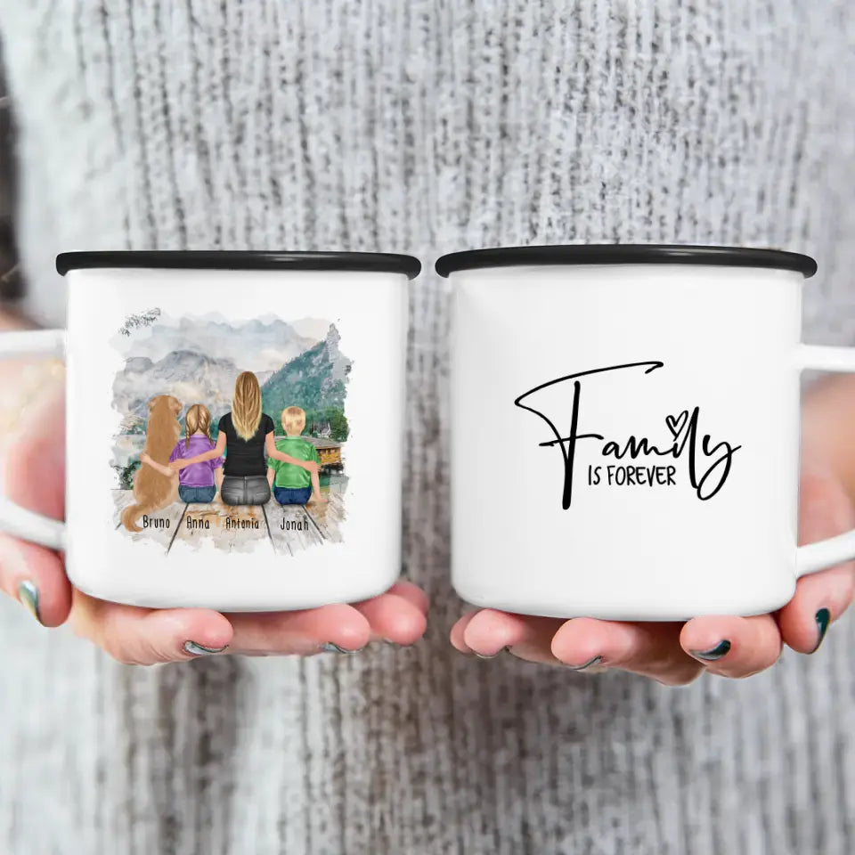 Personalisierte Tasse mit 1 Frau + 2 Kindern + 1 Hund