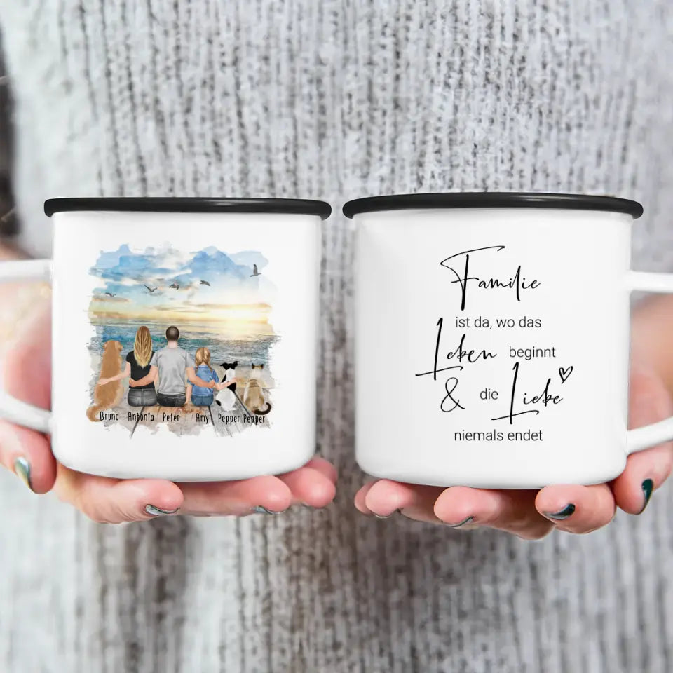 Personalisierte Tasse mit Familie + 2 Hunde + 1 Katze (1 Kind)