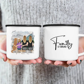 Personalisierte Tasse mit 2 Frauen + 1 Kind + 1 Hund