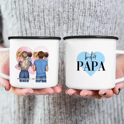 Personalisierte Tasse Mutter/Mama + Vater/Papa mit je 1 Kind & 1 Baby