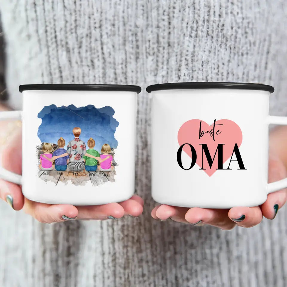 Personalisierte Tasse für Oma (2 Kinder + 2 Babys + 1 Oma)