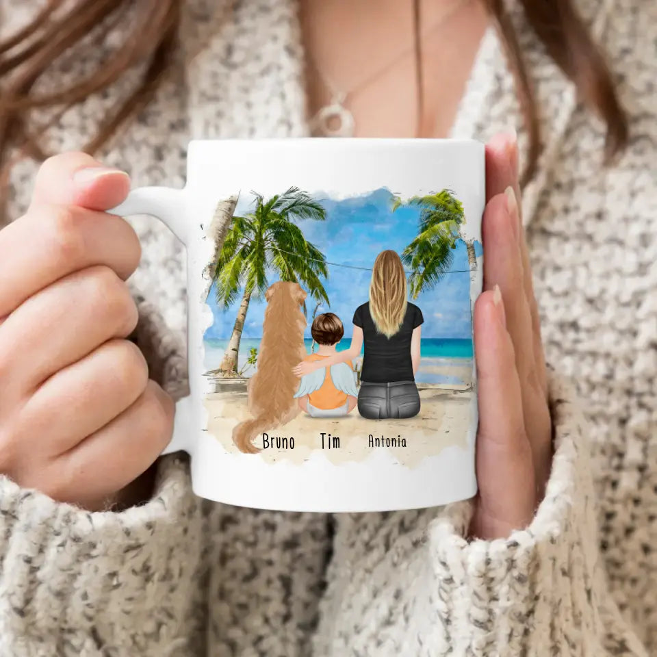 Personalisierte Tasse -  1 Mama + 1 Baby mit Engelsflügeln + 1 Hund