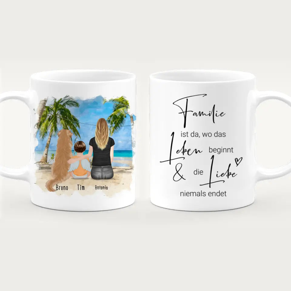 Personalisierte Tasse -  1 Mama + 1 Baby mit Engelsflügeln + 1 Hund