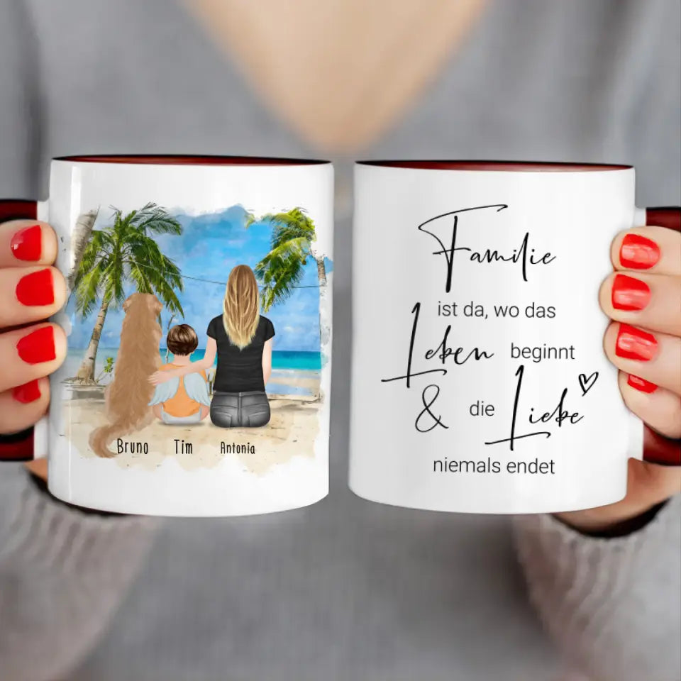 Personalisierte Tasse -  1 Mama + 1 Baby mit Engelsflügeln + 1 Hund