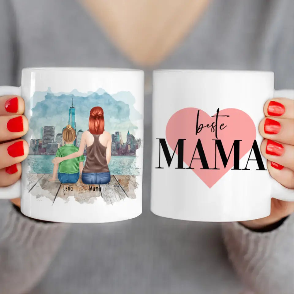 Personalisierte Tasse mit Mutter und Kind (1 Kind + 1 Mutter)