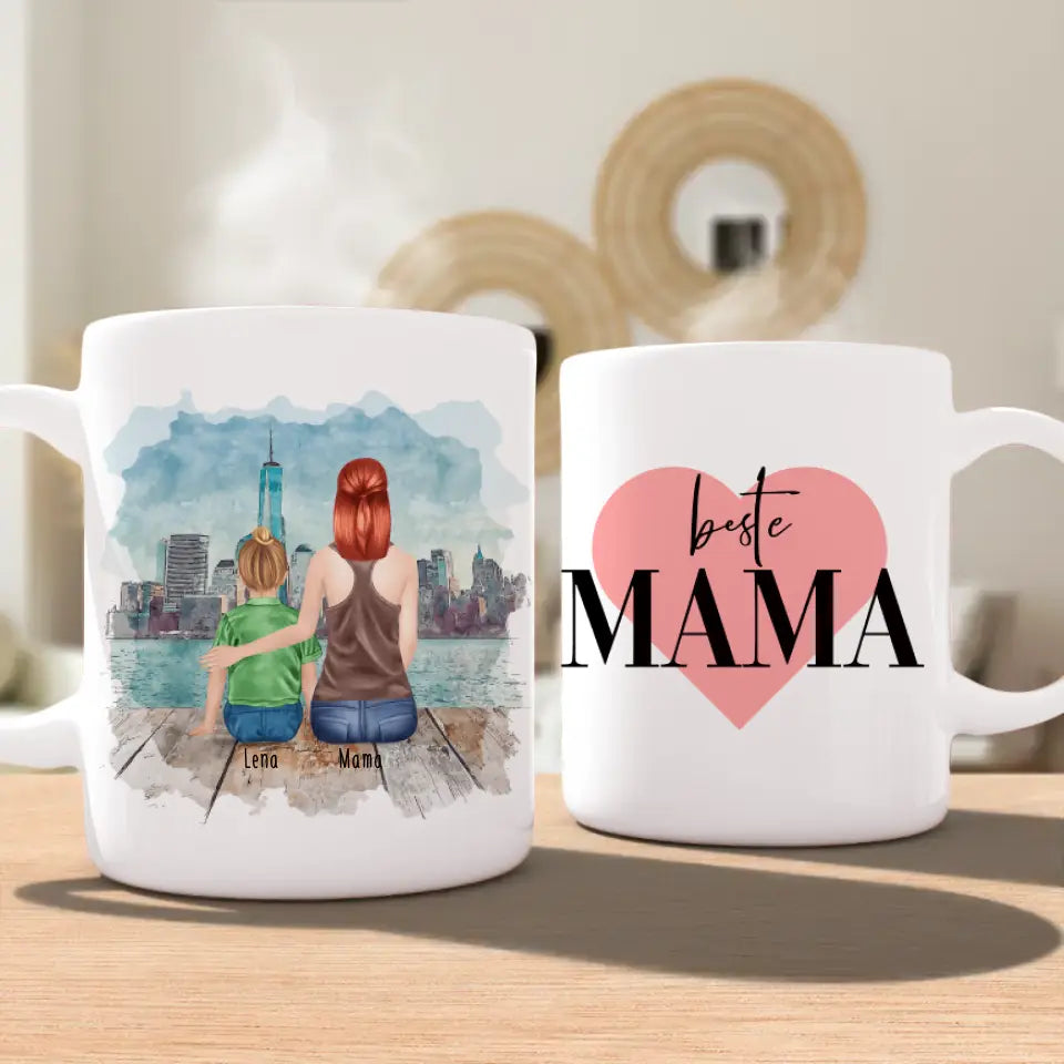 Personalisierte Tasse mit Mutter und Kind (1 Kind + 1 Mutter)