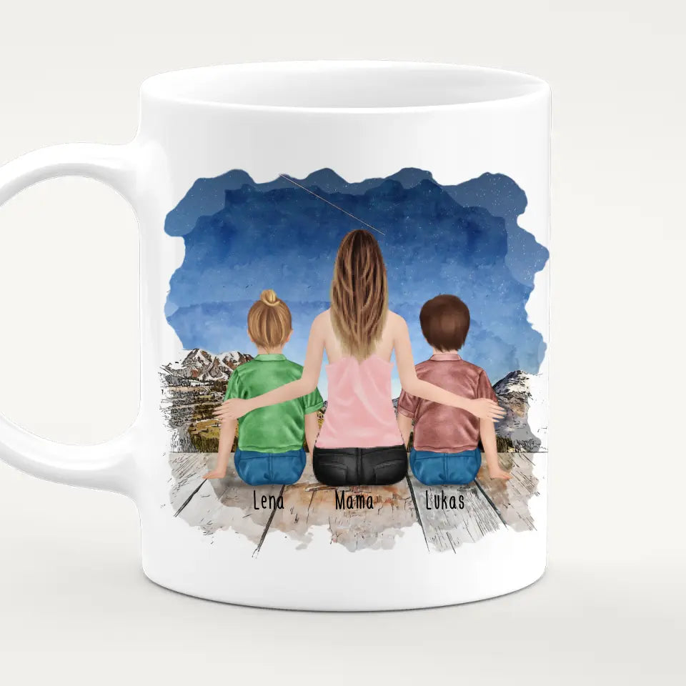 Personalisierte Tasse mit Mutter und Kindern (2 Kinder + 1 Mutter)