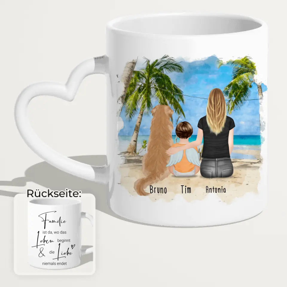 Personalisierte Tasse -  1 Mama + 1 Baby mit Engelsflügeln + 1 Hund