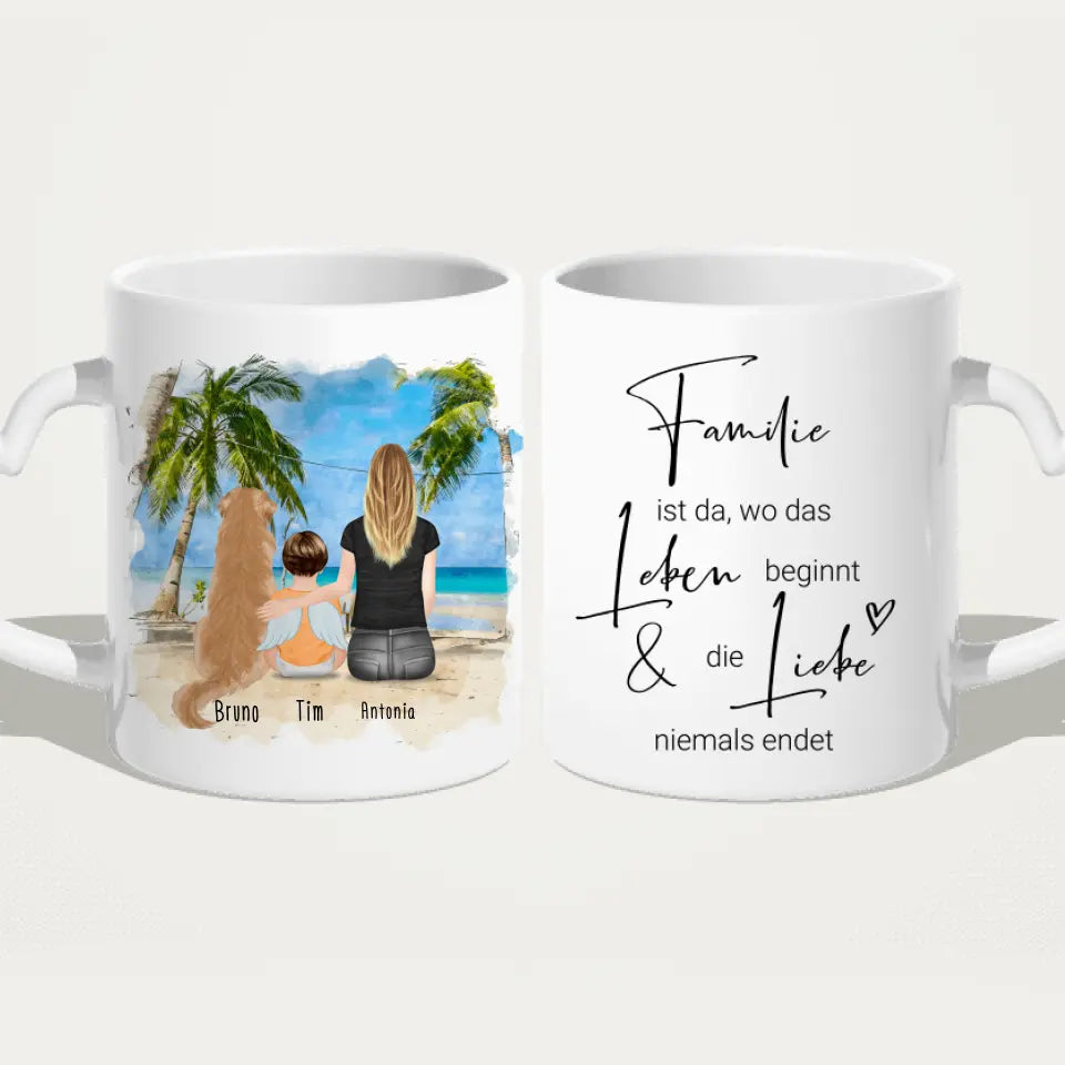 Personalisierte Tasse -  1 Mama + 1 Baby mit Engelsflügeln + 1 Hund