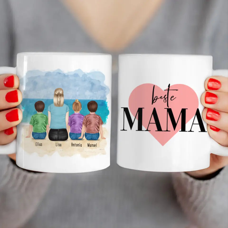 Personalisierte Tasse mit Mutter + 3 Kinder