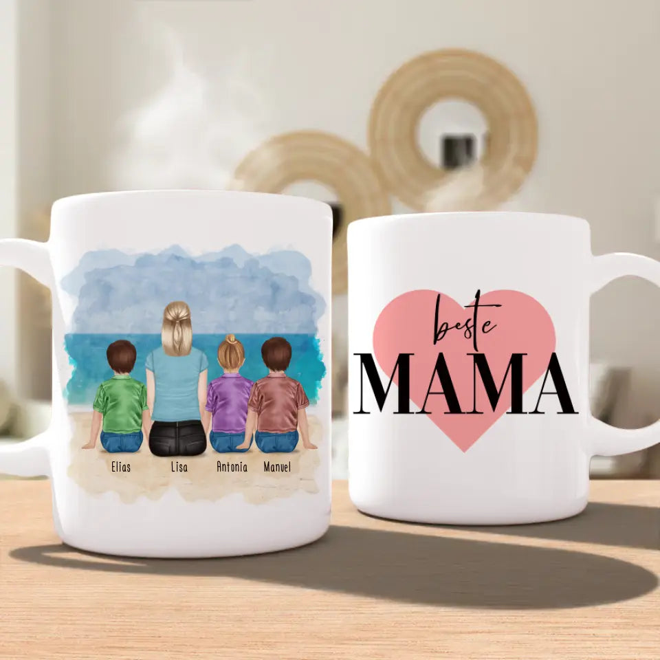 Personalisierte Tasse mit Mutter + 3 Kinder