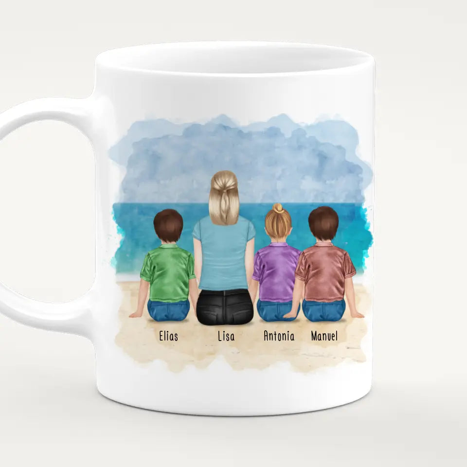 Personalisierte Tasse mit Mutter + 3 Kinder