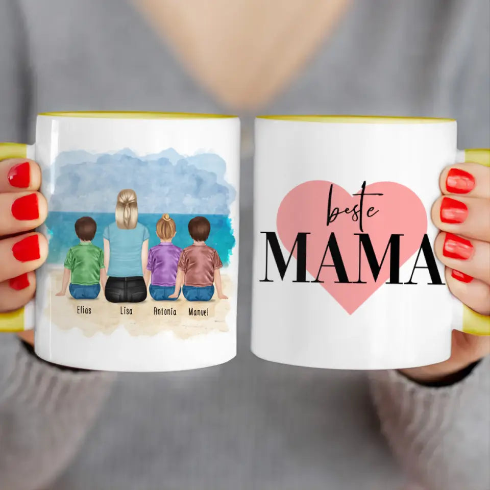 Personalisierte Tasse mit Mutter + 3 Kinder