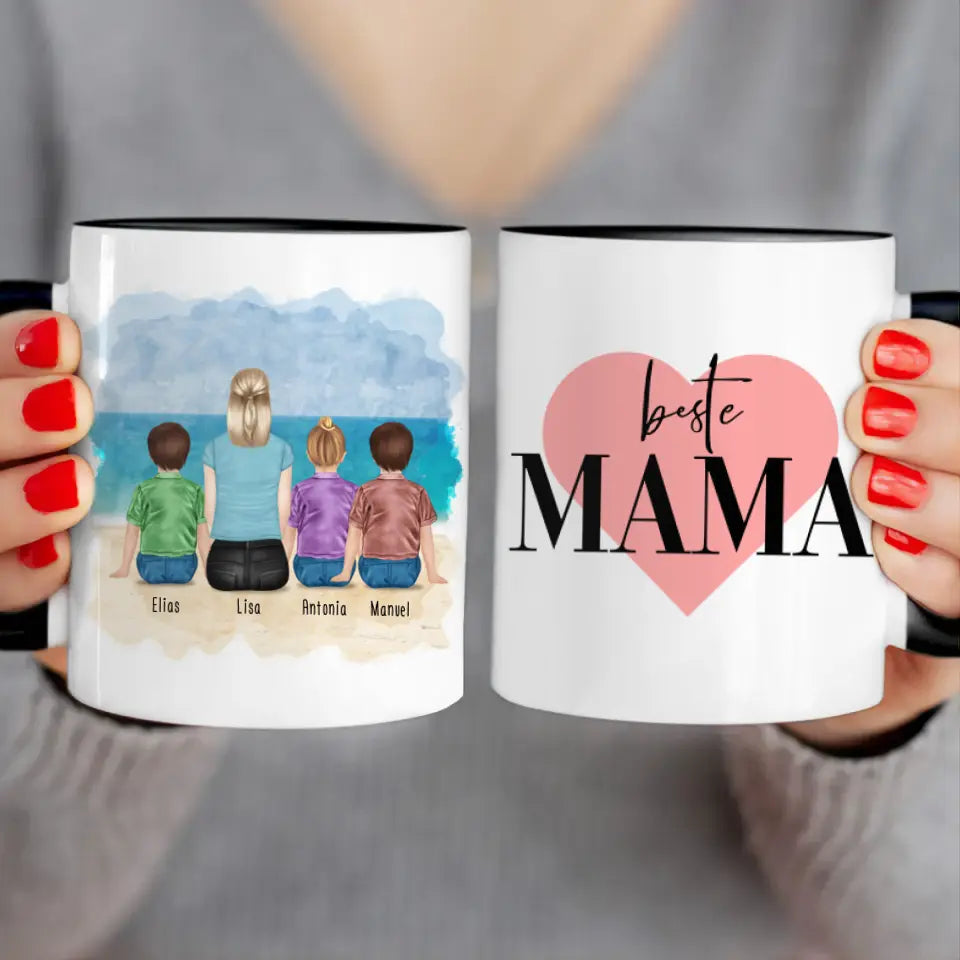 Personalisierte Tasse mit Mutter + 3 Kinder