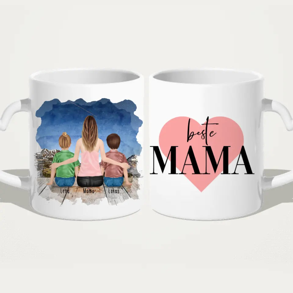 Personalisierte Tasse mit Mutter und Kindern (2 Kinder + 1 Mutter)