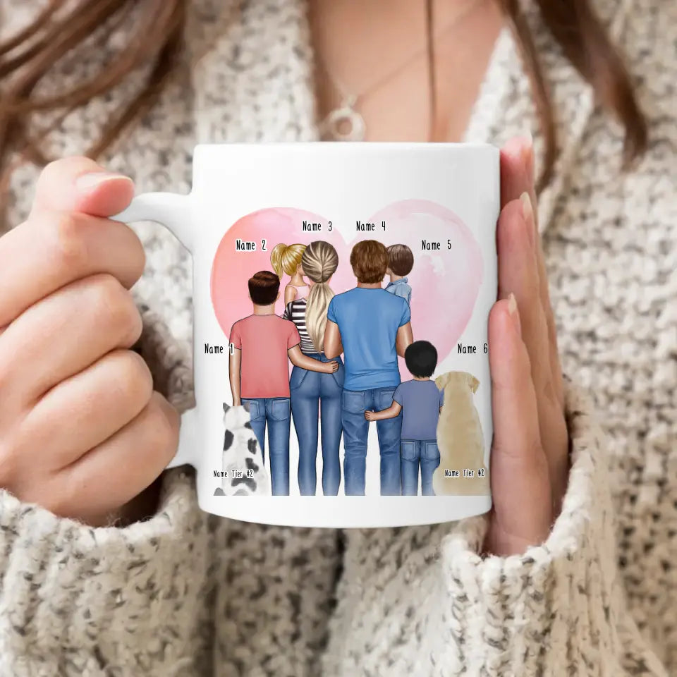 Personalisierte Tasse - Familie + 1-4 Kinder + 1-2 Hunde/Katzen