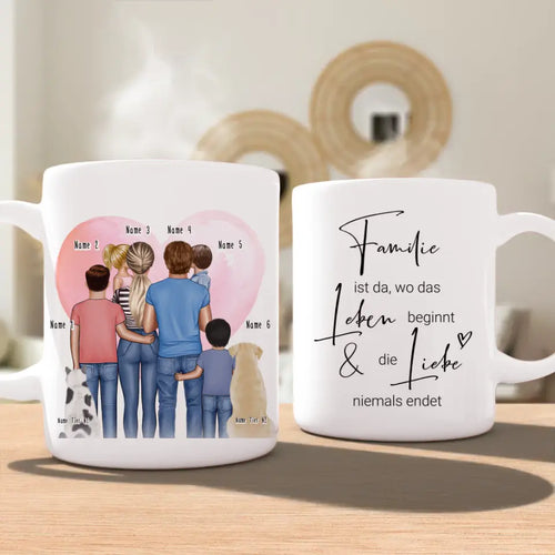 Personalisierte Tasse - Familie + 1-4 Kinder + 1-2 Hunde/Katzen