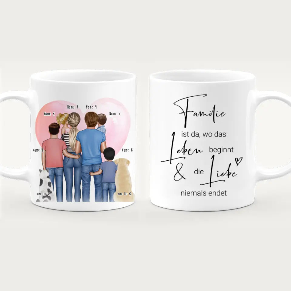 Personalisierte Tasse - Familie + 1-4 Kinder + 1-2 Hunde/Katzen