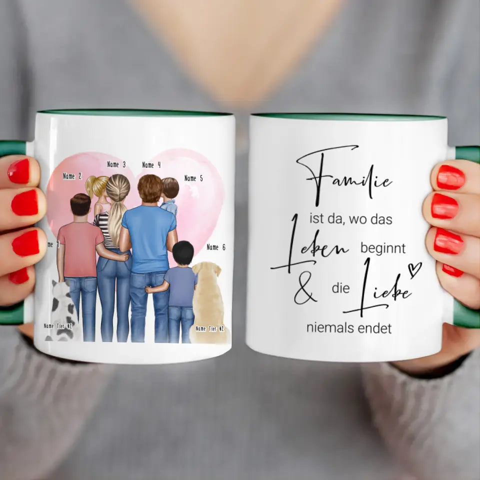 Personalisierte Tasse - Familie + 1-4 Kinder + 1-2 Hunde/Katzen