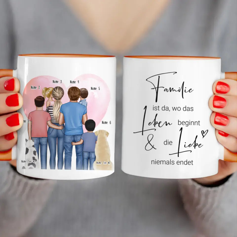 Personalisierte Tasse - Familie + 1-4 Kinder + 1-2 Hunde/Katzen