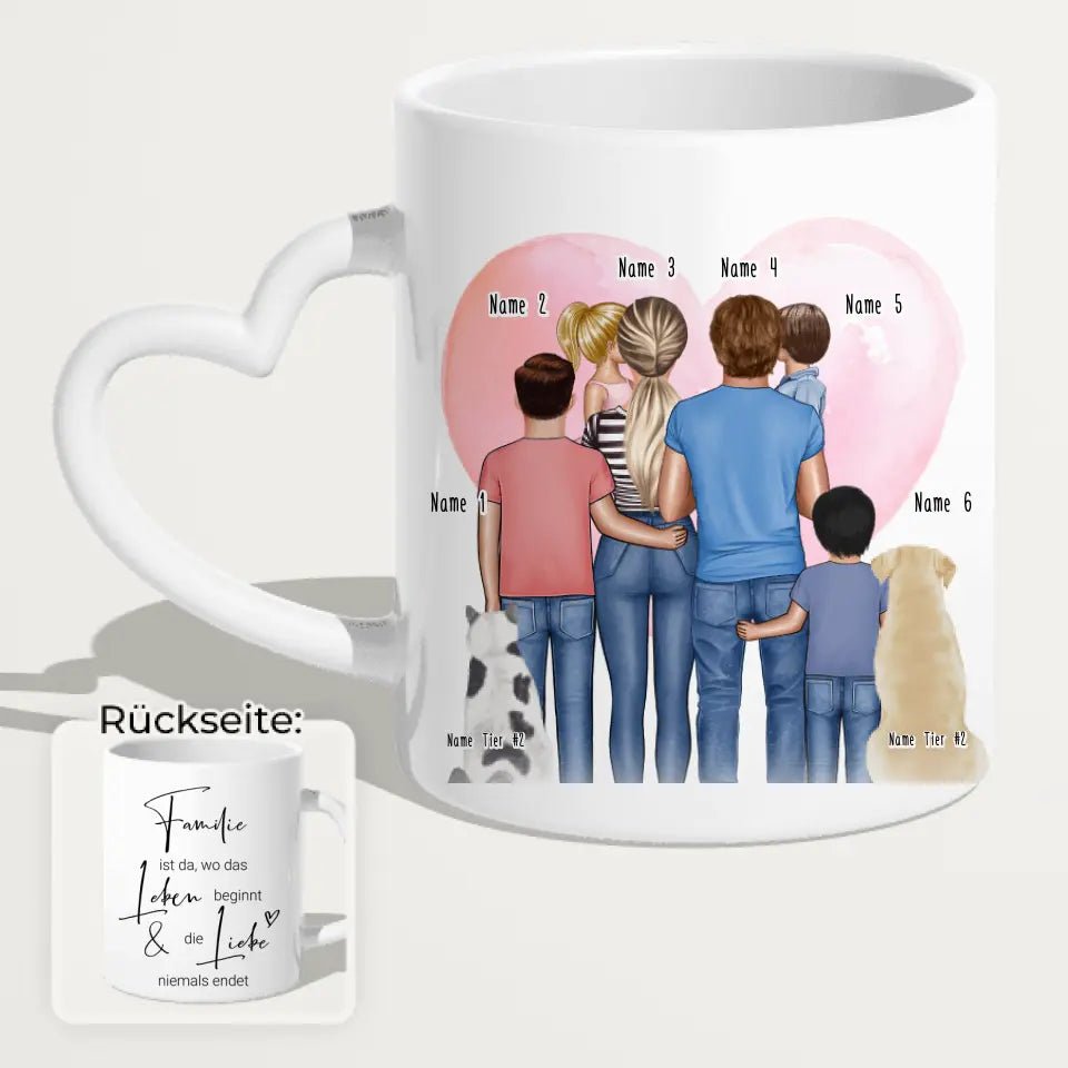 Personalisierte Tasse - Familie + 1-4 Kinder + 1-2 Hunde/Katzen