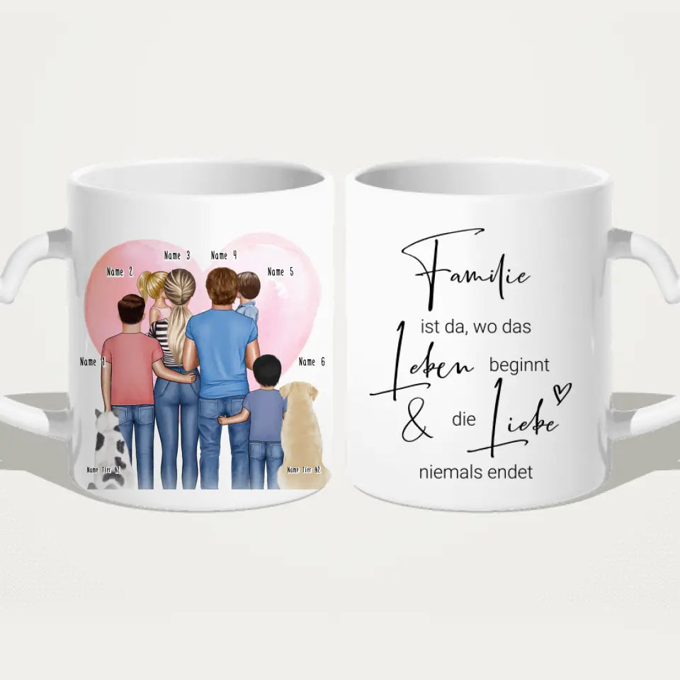 Personalisierte Tasse - Familie + 1-4 Kinder + 1-2 Hunde/Katzen