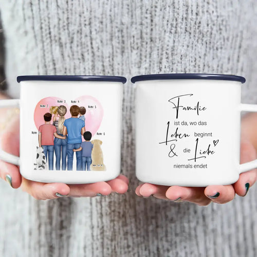 Personalisierte Tasse - Familie + 1-4 Kinder + 1-2 Hunde/Katzen