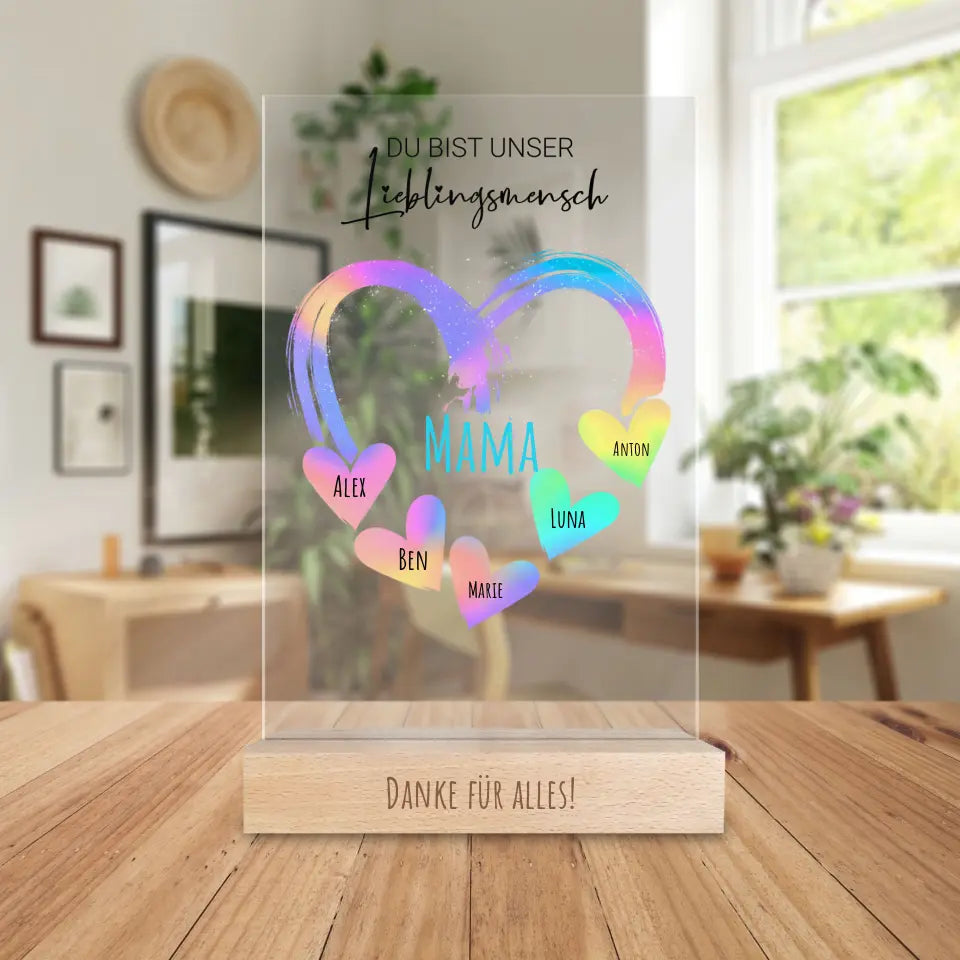 Personalisierte Acrylglasplatte - Herz mit 1-10 Namens-Herzen/Händen