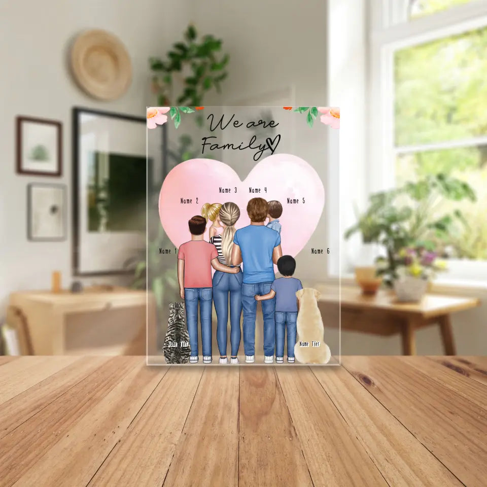 Personalisierte Acrylglasplatte - Familie + 1-4 Kinder + 1-2 Hunde/Katzen