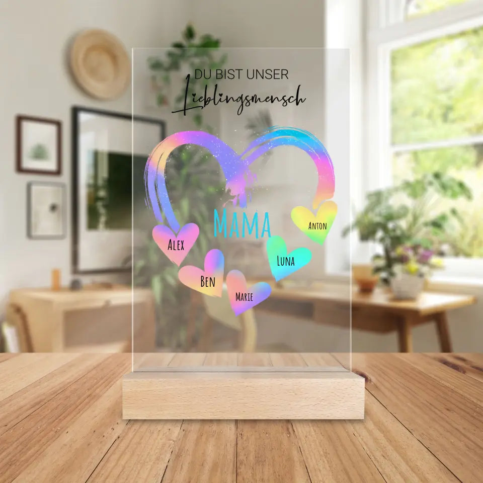 Personalisierte Acrylglasplatte - Herz mit 1-10 Namens-Herzen/Händen