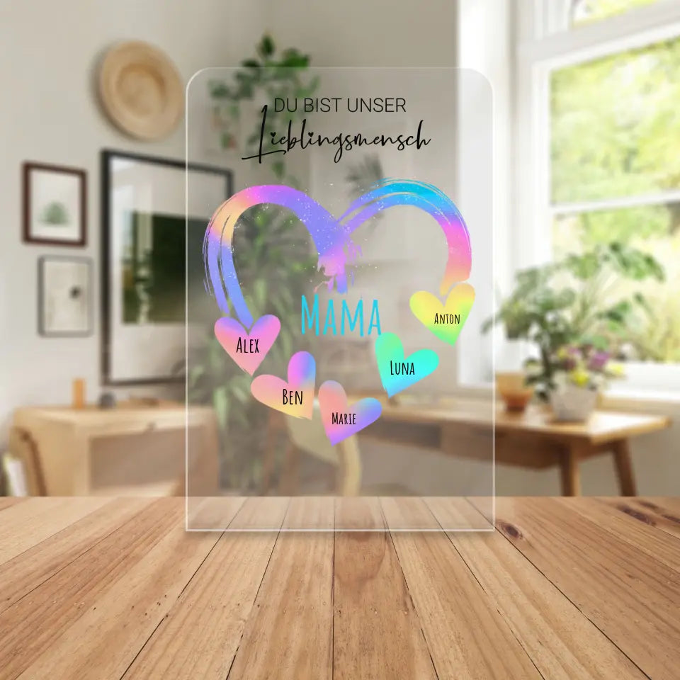 Personalisierte Acrylglasplatte - Herz mit 1-10 Namens-Herzen/Händen