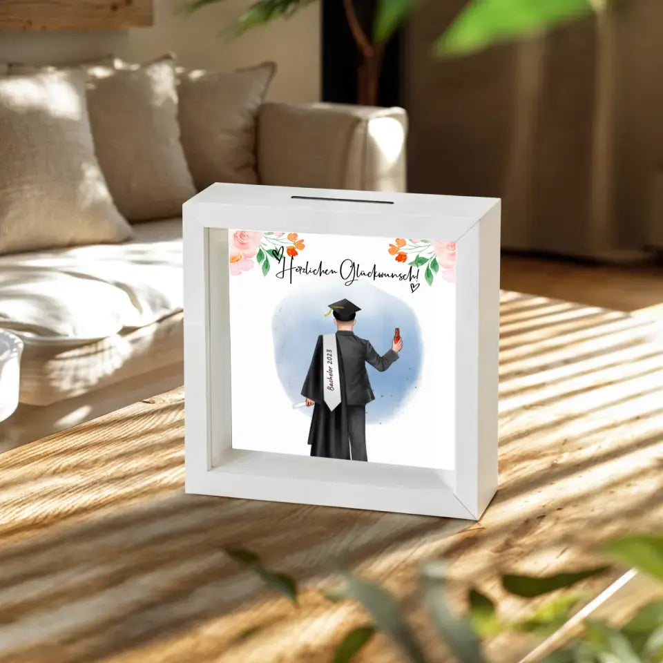 Personalisierte Bilderrahmen Spardose - Bachelor/Master/Abi/Schulabschluss Geschenk (1 Mann) - Geldgeschenk