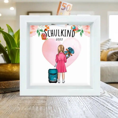 Personalisierte Bilderrahmen Spardose - Geschenk zur Einschulung (1 Mädchen) - Geldgeschenk