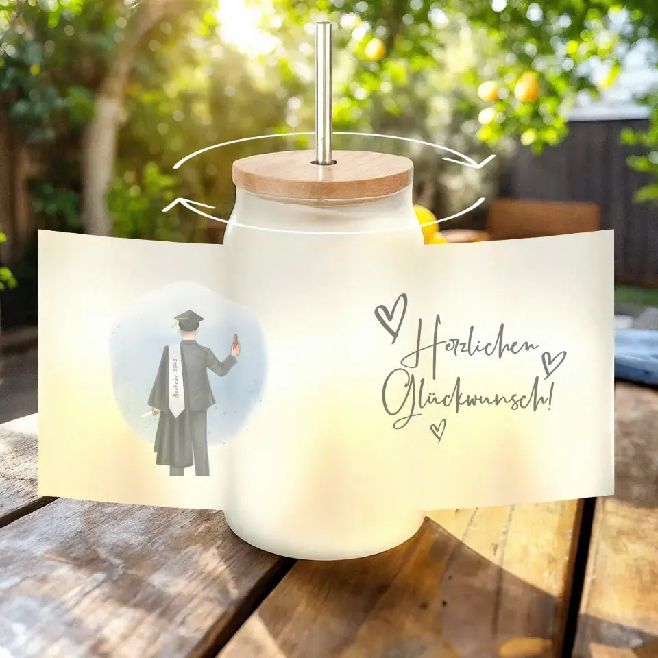 Personalisiertes Trinkglas mit Strohhalm - Bachelor/Master/Abi/Schulabschluss Geschenk (1 Mann)