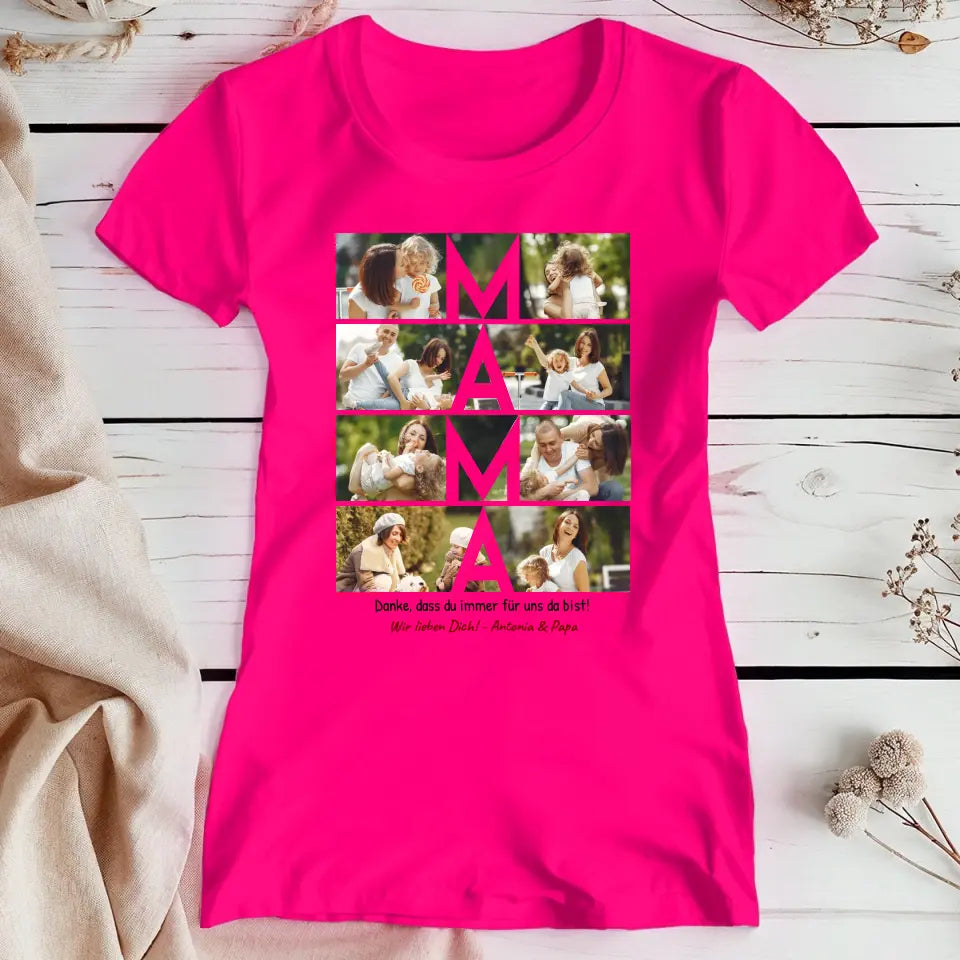 Personalisiertes T-Shirt - MAMA Schriftzug und Collage mit 8 Bildern