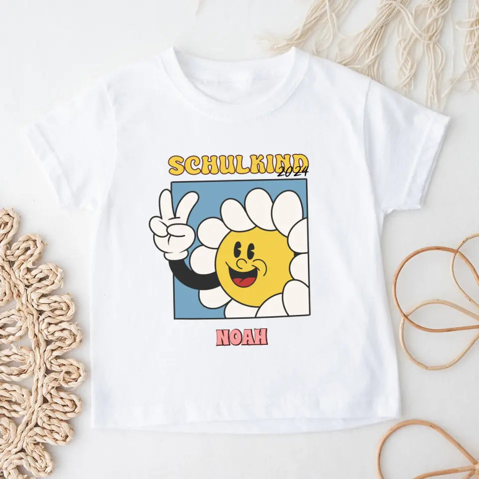 Personalisiertes Kinder T-Shirt - Retro Gänseblümchen-Smiley Schulkind mit Name und Jahr